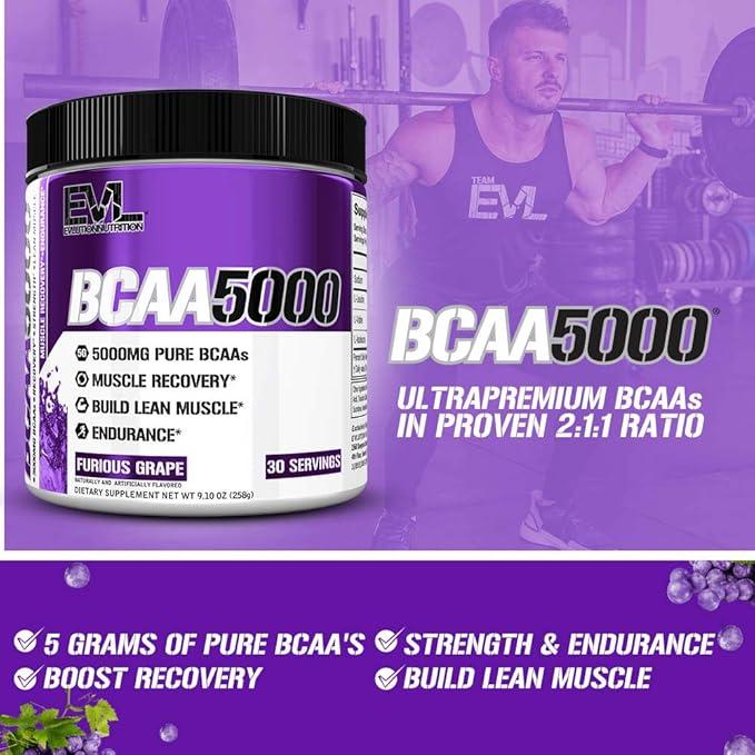 Evlution EVL BCAAs Amino Acids Powder - BCAA Powder Post Workout Recovery Drink and Stim Free Pre Workout Energy Drink Powder - 5g Branched Chain Amino Acids Supplement for Men - Furious Grape