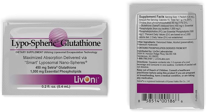 Lypo-Spheric Glutathione - 30 Packets – 450 mg 100% Non-GMO