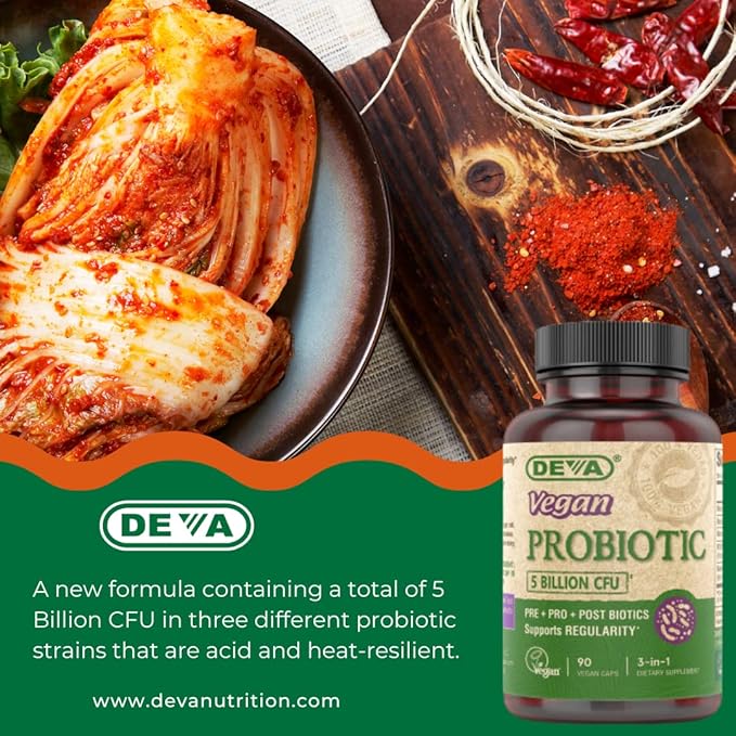 DEVA Vegan Probiotic Supplement - Pre, Pro, and Postbiotics for Digestive Health, 5 Billion CFU, Soil-Based, Spore-Forming, Dairy Free, FOS Prebiotics, for Women and Men, Vegan Capsules, 90 Count
