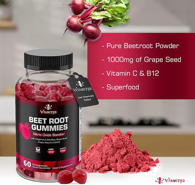 Beet Root Gummies - Super Nitric Oxide Beets Supplement - Red Beetroot Heart Chews with Grape Seed Power & B12- Pomegranate Flavor, 60 Chewables Beets