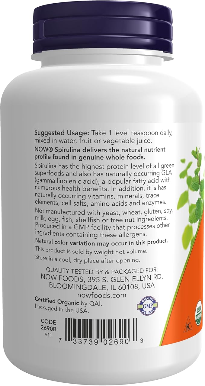 NOW Supplements, Certified Organic, Spirulina Powder, B-12 with 4-Ounce