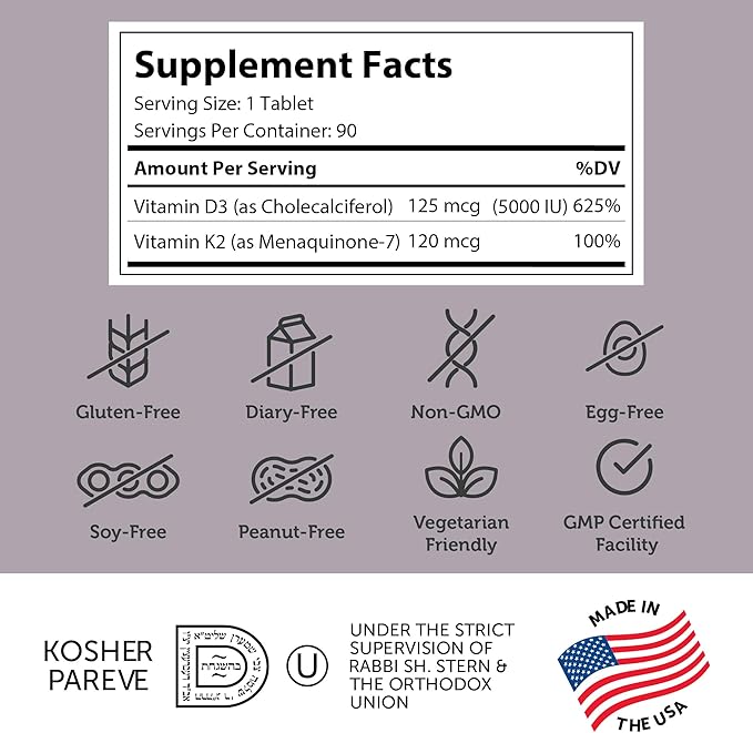 Zahler - Vitamin D3 & K2 (90 Count) K2 D3 D3 Vitamin 5000 IU K2 for