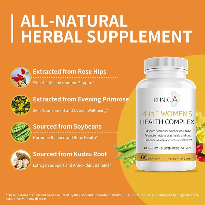 Women's 4-in-1 Natural Hormonal Balance & Skin Health Supplement - Rose Hip, Soy Isoflavones, Evening Primrose & Pueraria Mirifica Extract - 60 Gluten-Free Vegan Capsules - 2 Pack