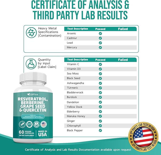New Resveratrol 6000mg Berberine 3000mg Grape 3000mg Quercetin 4000mg,Polyphenol Supplement 60 Capsules
