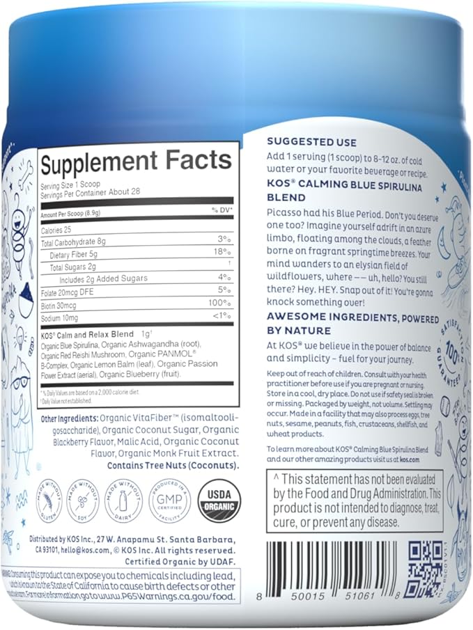 KOS Calming Blue Spirulina Blend- USDA 28 Servings