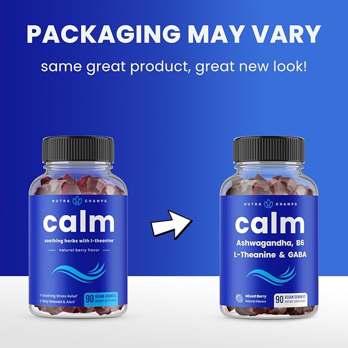 Calm Gummies | Stress Gummies Supplement with Ashwagandha, L-Theanine, GABA, Vitamin B6 & Lemon Balm | Supports Mood, Focus & Stress Relief | Vegan & Non-GMO | Natural Berry | 90 Gummies (2 Pack)