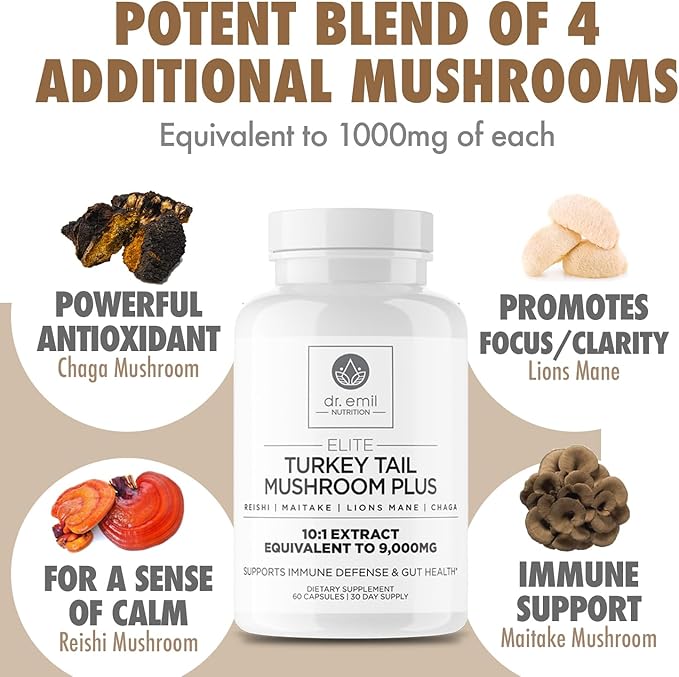 DR. EMIL NUTRITION Turkey Tail Mushroom Capsules - Turkey Tail Mushroom Supplement for Immunity & Gut Health - Elite Formula with Lion's Mane, Chaga, Reishi & Maitake