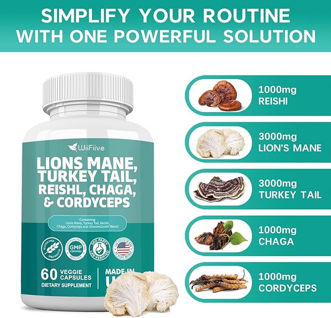 Lions Mane 3000mg Turkey Tail 3000mg 1000mg Chaga 1000mg Cordyceps 60 Capsules