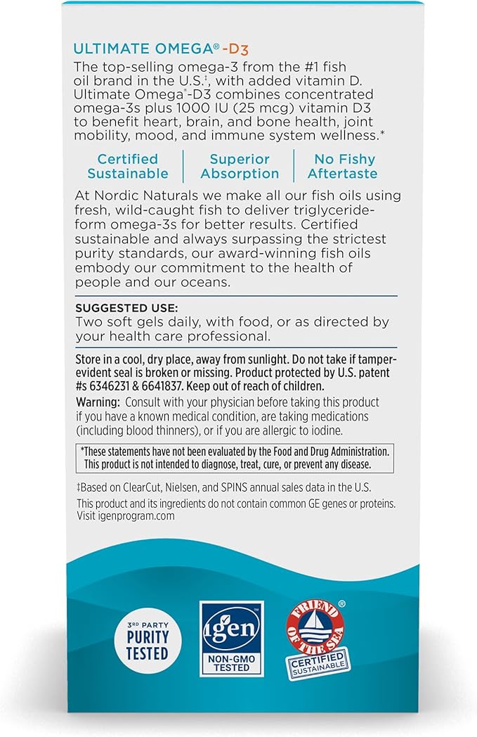 Nordic Naturals Ultimate Omega-D3, Lemon Flavor 120 Soft 1280 mg Omega-3 + 1000 IU D3 - Omega-3 Fish 60 Servings