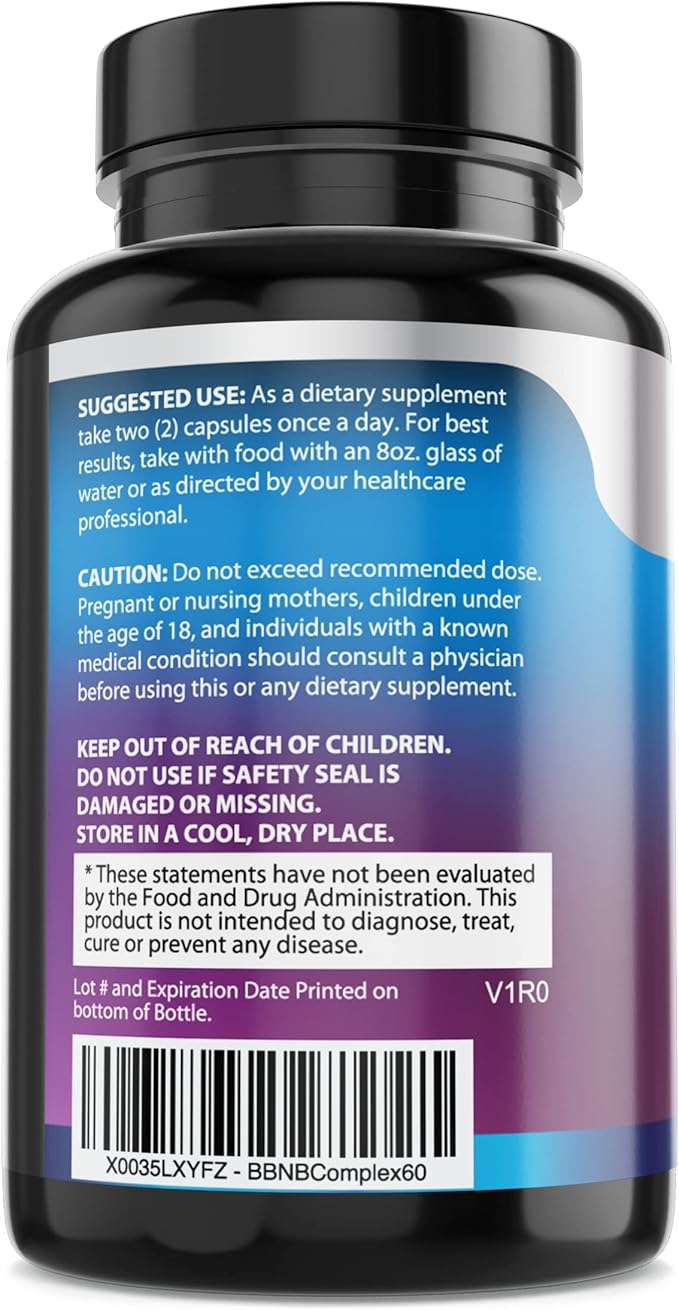 Vitamin B Complex B1, B2, B2, B3, B3, B5, B5, B6, B6, B7, B7, B9, B9, B12, B12, Folic B-100 Supplement 60 Capsules