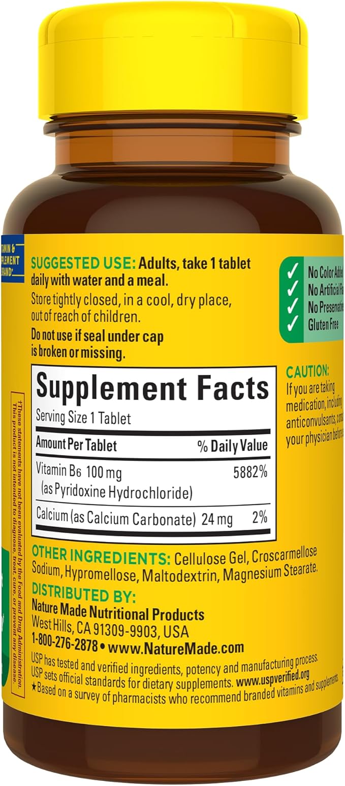 Nature Made Vitamin B6 100 mg, B6 Vitamins 100 Tablets, 100 Day
