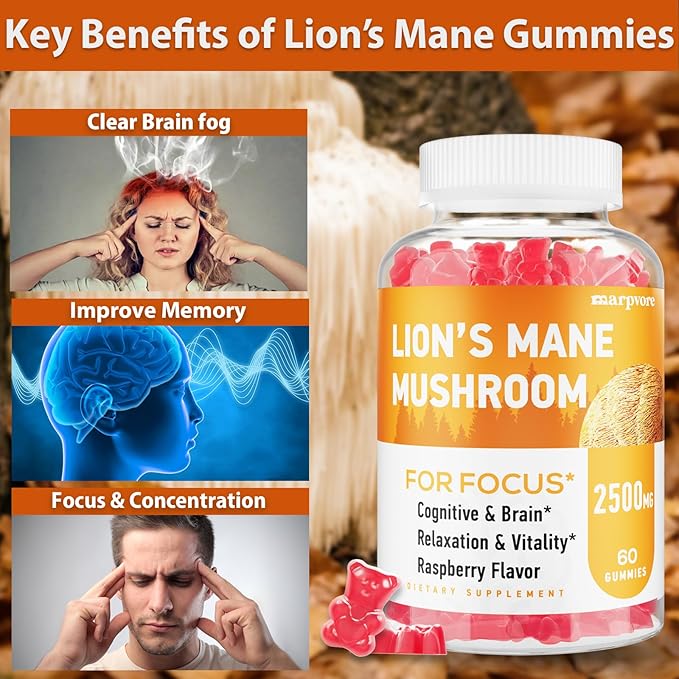 Lions Mane Gummies, Lions Mane Extract to 2500mg, Mushroom Gummies for Adults, Immune & Relaxation, with Lions Mane, Ashwagandha & B12, 240 Gummies