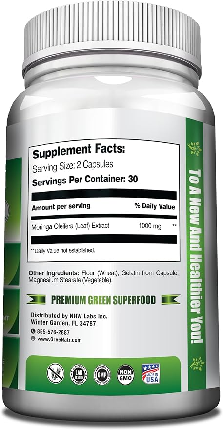 Pure Moringa Oleifera Leaf Extract Veggie Capsules 1000 mg. Natural Herbal Supplement. Energy, Mood, Memory and Focus Support. Premium Green Superfood (3 Bottles)