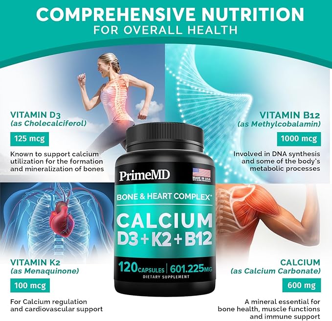 PrimeMD 4-in-1 Calcium Supplements for Women 600mg with D3 K2 K2 B12 B12 5000 5000 IU (120 count)