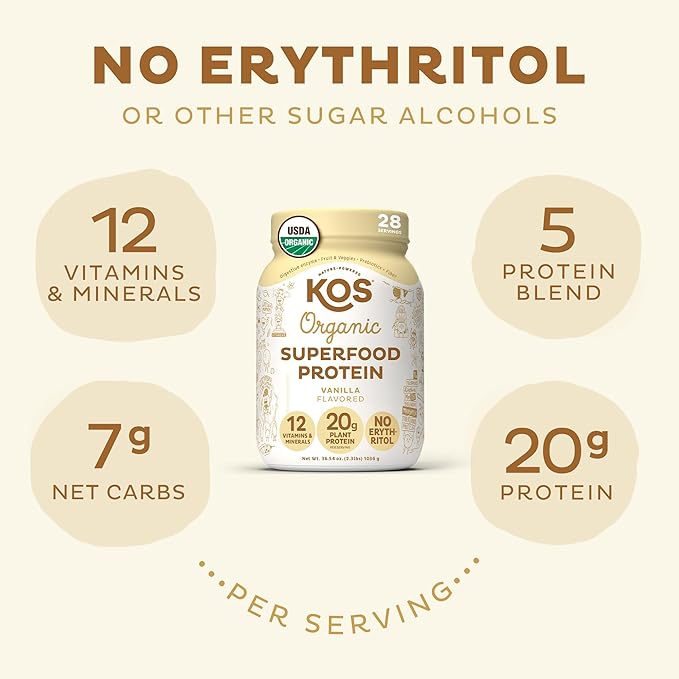 KOS Vegan Protein Powder Erythritol Free, 28 Servings