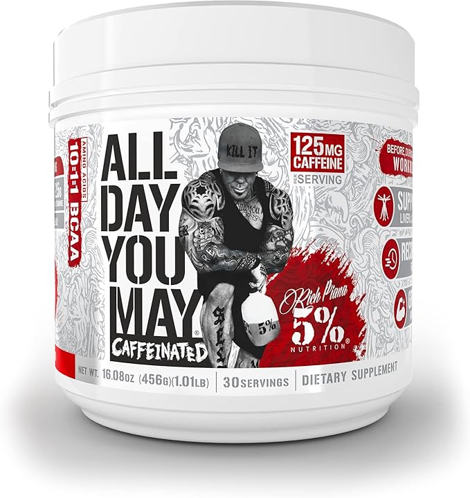 5% Nutrition Rich Piana AllDayYouMay Caffeinated BCAA Energy Powder | Premium Pre Workout Amino Energy & Electrolytes | Hydration, Endurance & Recovery | 16.08 oz, 25 Servings (Fruit Punch)