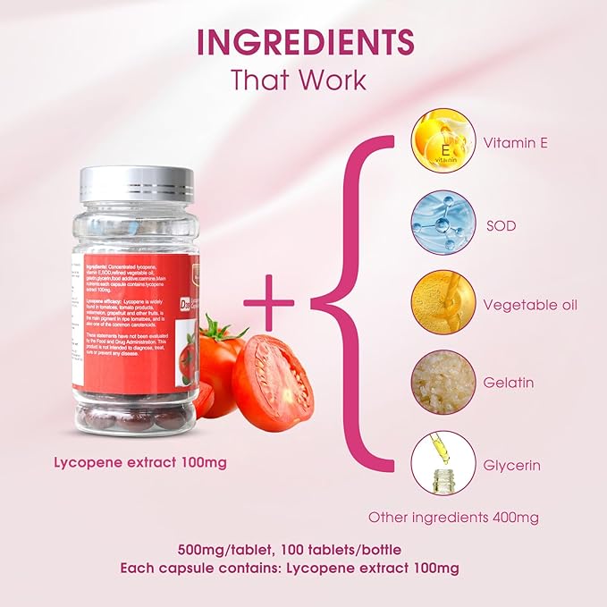 AIHIYO Lycopene Soft Capsule, 100mg Tomato Supplement Extract, Organic Complex Formula, 500mg Per Capsule, 100 Softgel