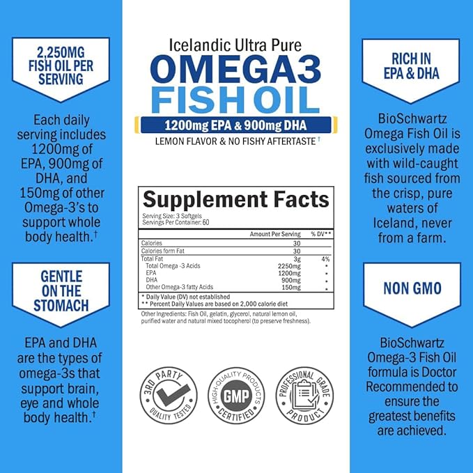 Triple Strength Omega 3 Fish Oil Supplement 2250mg EPA 3 Fatty 180 Omega3 Omega3 Softgels