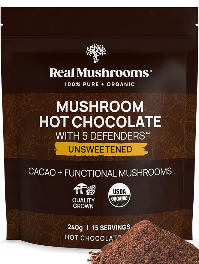 Real Mushrooms Unsweetened Organic Hot Chocolate Mix with 5 Defenders Turkey Tail, Chaga, Maitake, Shiitake, Reishi Mushroom - Cacao Powder Vegan Supplement, 15 Servings