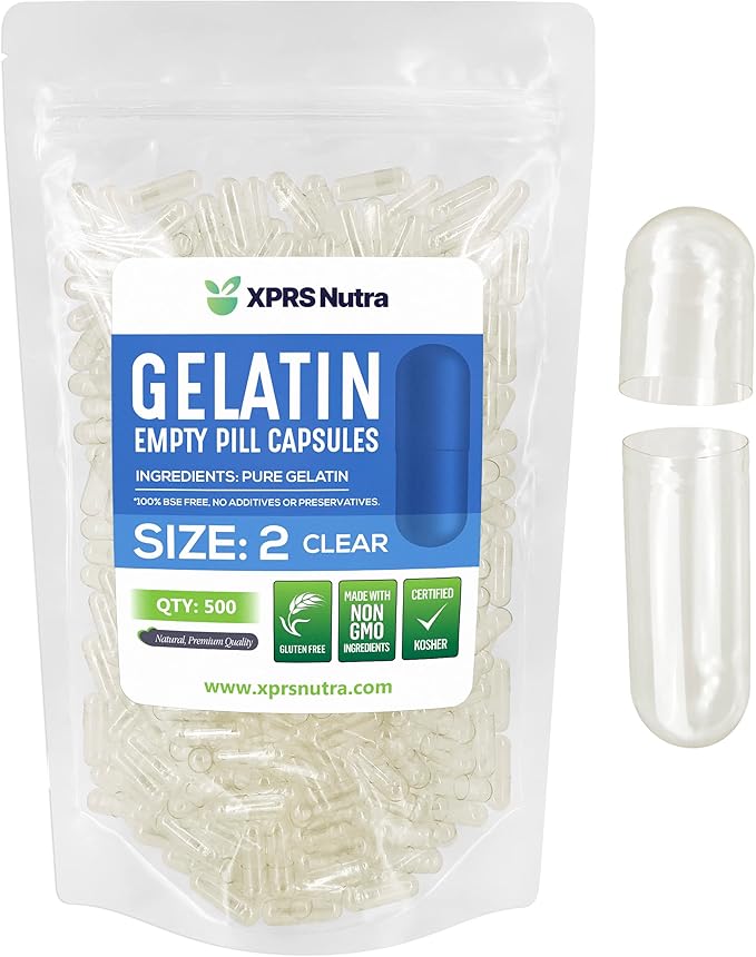 XPRS Nutra Size 2 Empty Capsules - 500 Count Clear Empty Gelatin Capsules - Empty Pill Capsules - DIY Capsule Filling - Pure Bovine Pill Capsules Empty Gel Caps