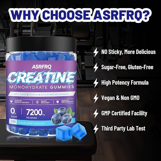 Creatine Monohydrate Gummies for Men & Women 120 CT - 7200mg of Creatine Monohydrate per Serving, Chewable Creatine Monohydrate for Muscle Support & Energy Boost, Sugar Free, Vegan (BlueberryFlavor)