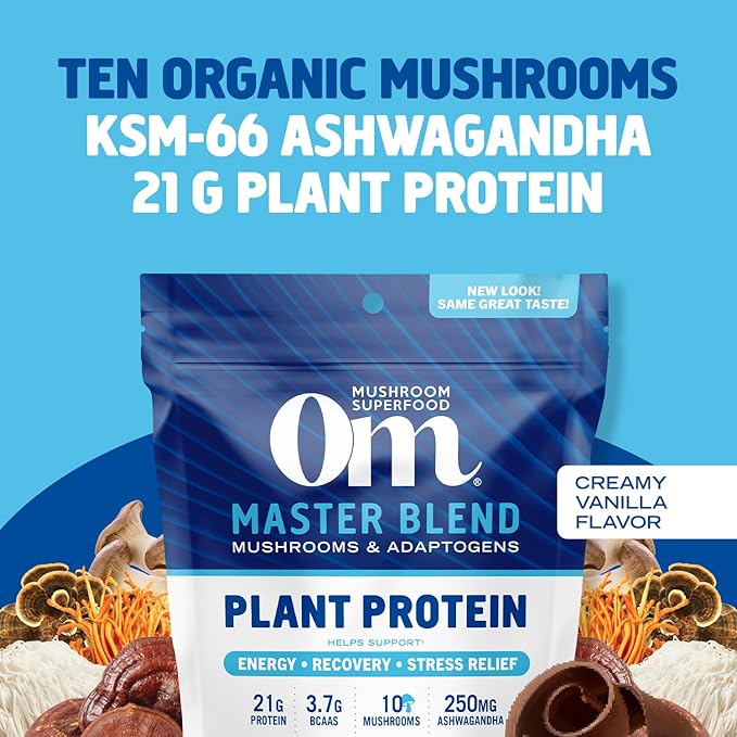 OM MUSHROOM SUPERFOOD Master Blend Plant-Based Protein Powder, 18.27 Ounce, 16 Servings, Creamy Vanilla Protein with 10 Mushroom Complex, Lions Mane, Adaptogens for Optimal Health and Recovery