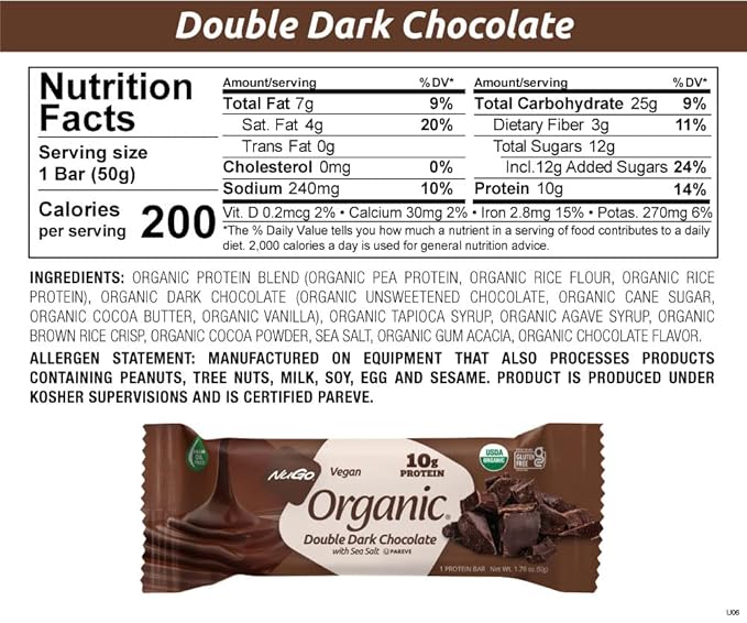 NuGo Organic Double Dark Chocolate with Sea Salt, 10 Protein Bar, Vegan, Gluten Free, Non-GMO, Kosher Pareve, 12 Count