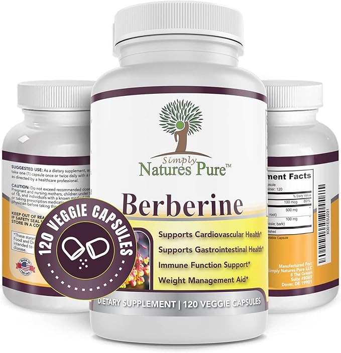 Simply Natures Pure Premium Berberine HCl 500mg - 120 Capsules - Cardiovascular Gastrointestinal Immune Support - Chromium Cinnamon