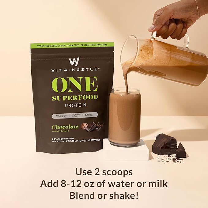 VitaHustle ONE Superfood Protein All-in-One Nutrition Shake, 20g Chocolate Plant Protein, 86 Superfoods, Vitamins, & Minerals, Ashwagandha, Adaptogens, Meal Replacement, 15 Servings
