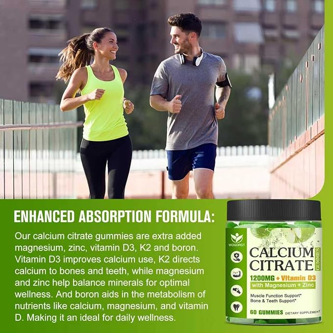 Calcium Citrate 1200mg Supplement with Vitamin D3 Gummies for Women & Men - Chewable Calcium Magnesium Zinc D3 K2 Supplement for Bone & Teeth Support, Vegan, Apple Flavor - 60 Gummies (2Pack)