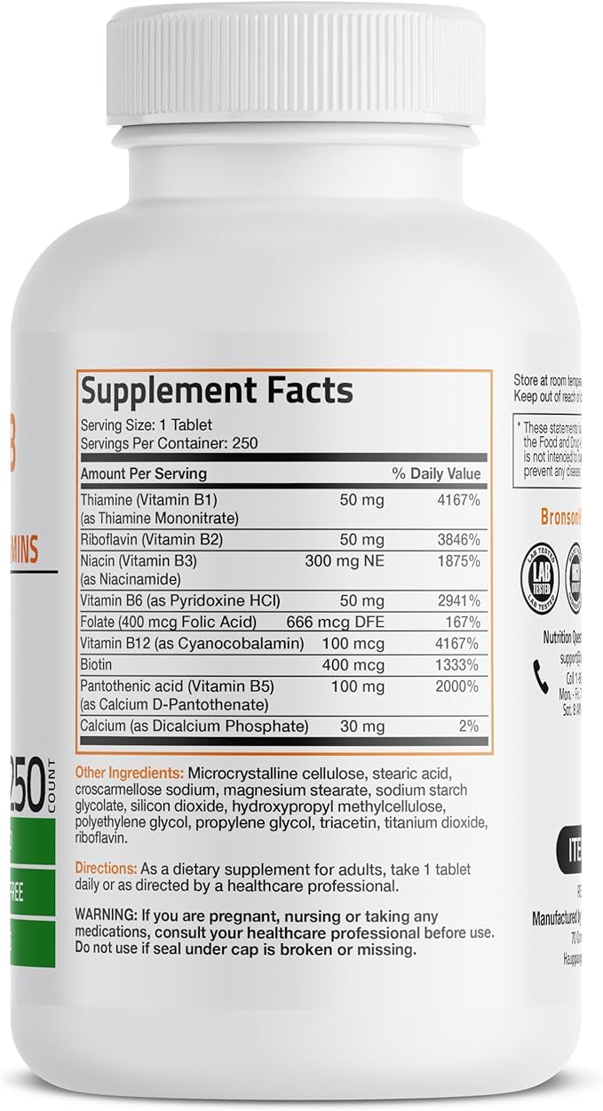 Bronson Vitamin B Complex (Vitamin B1, B2, B3, B3, B6, B6, B9 B9 - B12), 250 250 Tablets