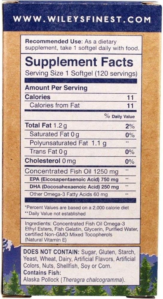 Wiley's Finest Wild Alaskan Fish Oil 1000mg Omega-3s, Omega-3s, SQF-Certified 120 Softgels (120 Servings)
