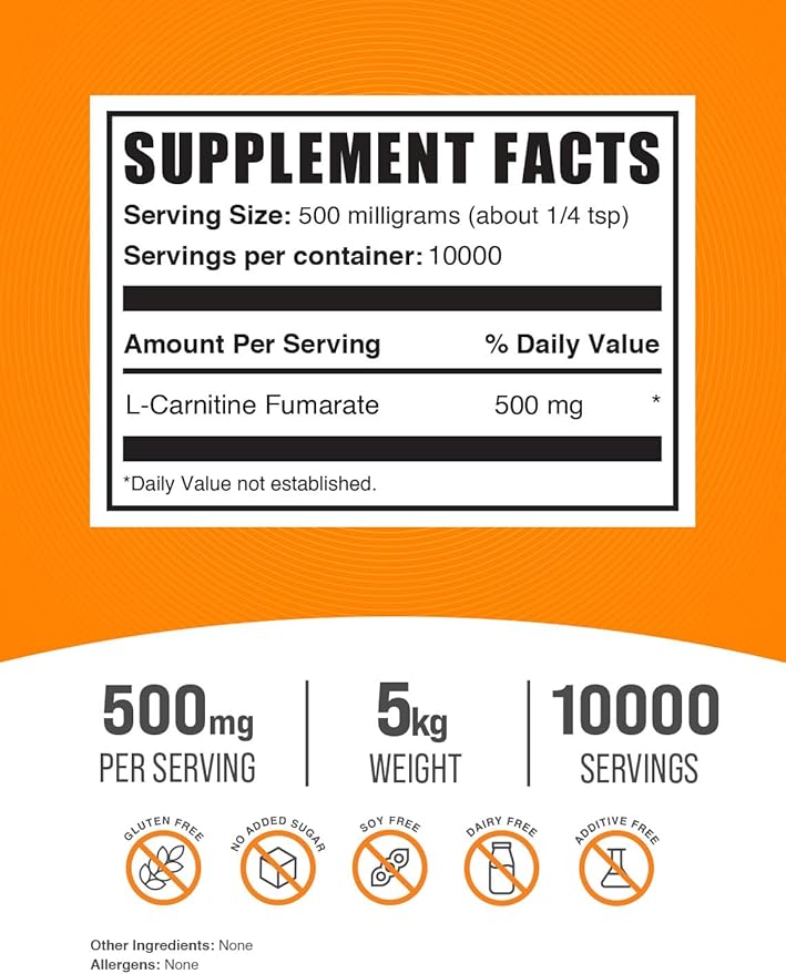 BulkSupplements.com L-Carnitine Fumarate Powder - Carnitine Supplement, Carnitine Powder, L-Carnitine 500mg - Gluten Free, 500mg per Serving, Gluten Free, 5kg (11 lbs) (Pack of 5)