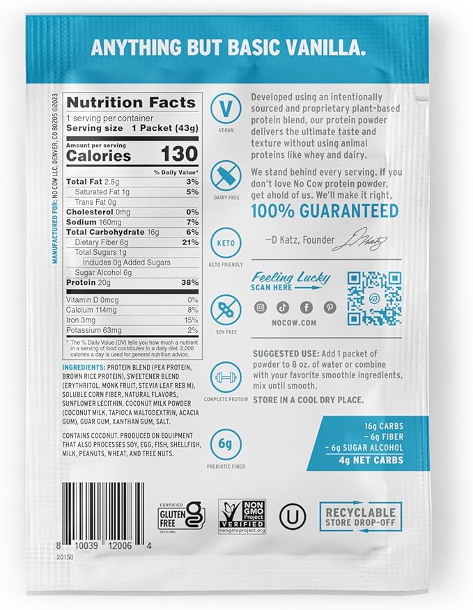 No Cow Vegan Protein Powder, Vanilla, 20g Plant 10 Count
