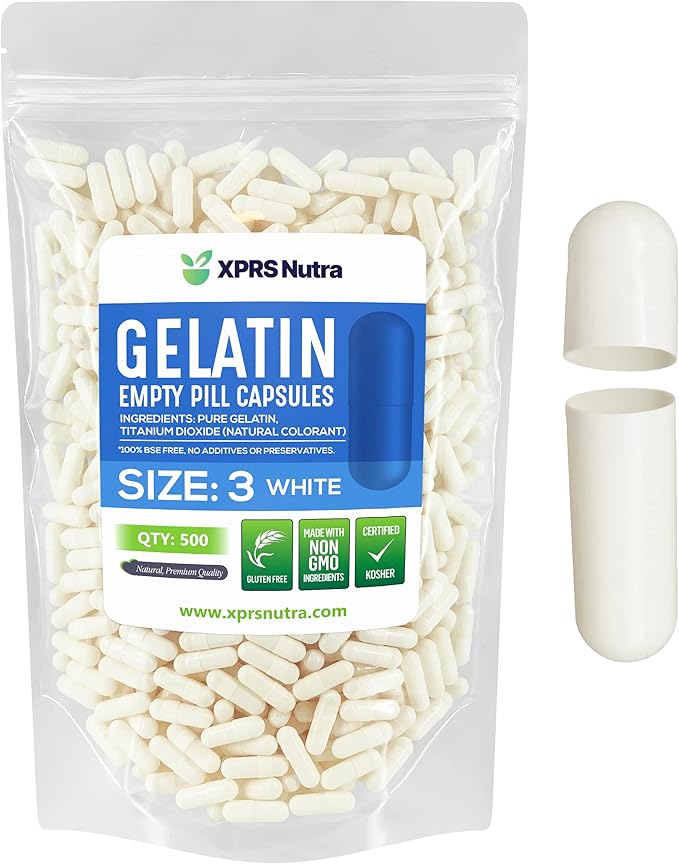 XPRS Nutra Size 3 Empty Capsules - 500 Empty Gelatin Capsules - Empty Pill Capsules - DIY Capsule Filling - Pure Bovine Pill Capsules Empty Gel Caps (White)