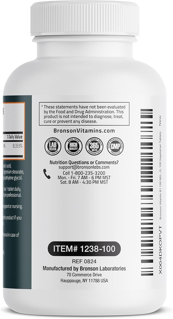 Bronson Vitamin B1 100 MG, Non-GMO, 100 Vegetarian Tablets