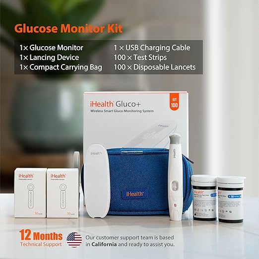 iHealth Gluco+ Wireless Smart Blood Glucose 100 Glucometer 100 Lancets, 1 Blood 1 Lancing