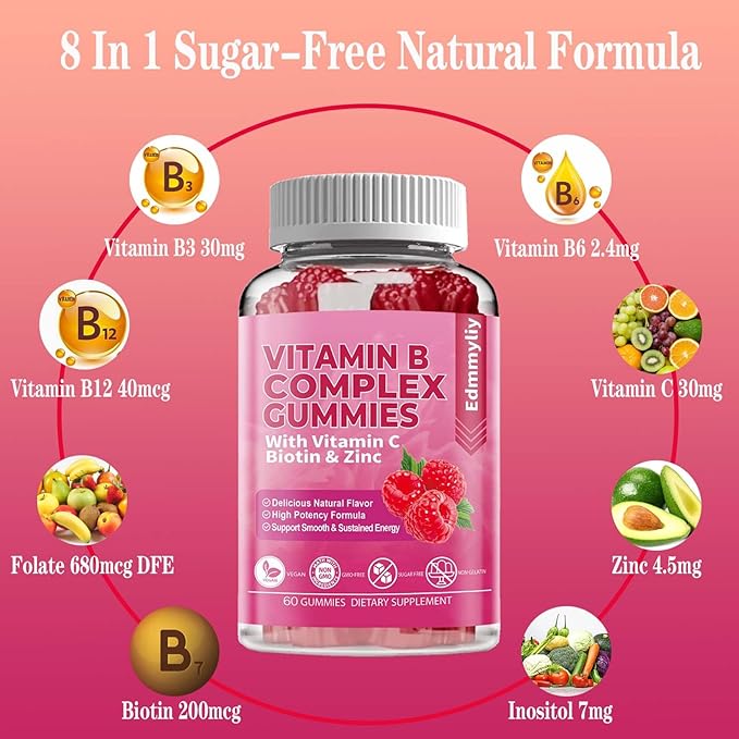 Vitamin B Complex Vegan Gummies B3, B6, B6, Biotin, B9 Folate, B12 with