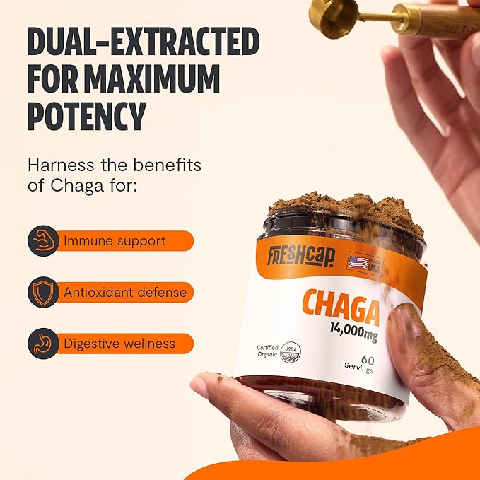 FreshCap Chaga Mushrooms Powder 14,000mg - Chaga Mushroom Powder, Chaga Mushrooms, Mushroom Supplement Powder Antioxidants Supplement Mushroom Extract, Ayurveda Nootropic Immune Support (60 Servings)