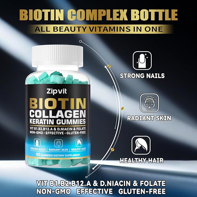 Biotin Collagen Gummies – Hair Skin B1, B2, B2, B3, B3, B6, B6, B7, B7, Collagen, 60 Gummy