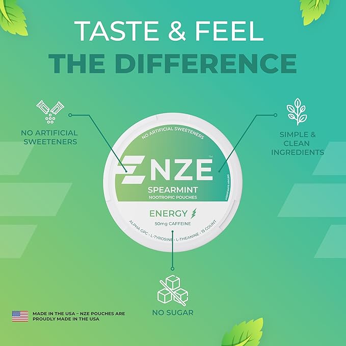 NZE Caffeine Nootropic Pouches (Spearmint) - Nootropic Energy Pouches with 50mg Caffeine, Alpha GPC, L-Tyrosine & L-Theanine with No Sugar or Artificial Sweeteners - 15 Nicotine Free Pouches Per Can