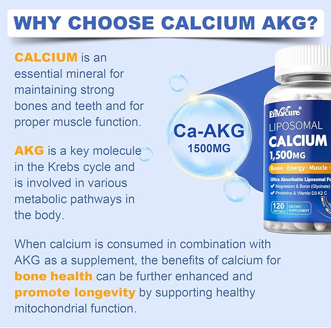 Liposomal Calcium AKG Supplement 1500mg D3 K2 K2 for 5 Billion 120 Softgels