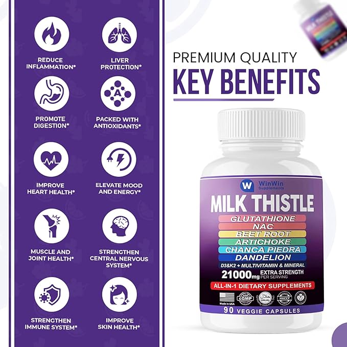 Milk Thistle Supplement 15000mg Organic Artichoke D3&K2 vitamins (29-IN-1)Made In