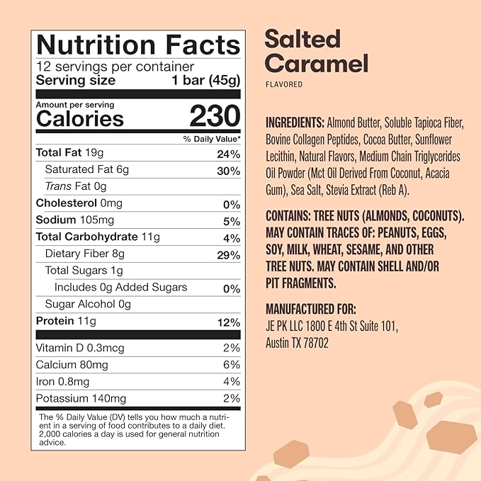 Perfect Keto Collagen Protein Bar, Gluten Free with Grass Fed Collagen + MCT Oil, Low Carb, No Sugar Added, High Protein Snacks, Keto Diet Foods, 10g Protein, 19g Fat, 2g Net Carbs, Salted Caramel, 12 Bars