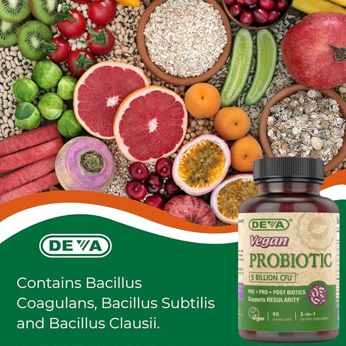 DEVA Vegan Probiotic Supplement - Pre, Pro, and Postbiotics for Digestive Health, 5 Billion CFU, Soil-Based, Spore-Forming, Dairy Free, FOS Prebiotics, for Women and Men, Vegan Capsules, 90 Count