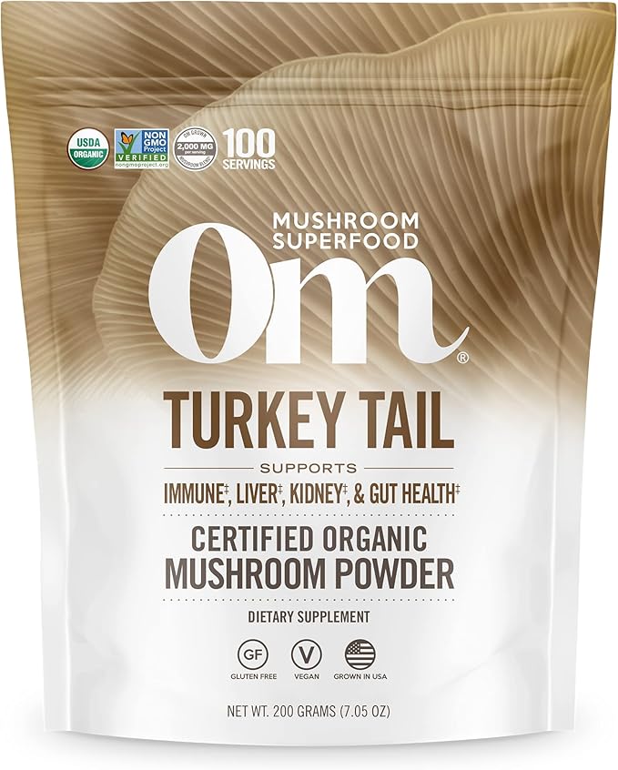 OM MUSHROOM SUPERFOOD Turkey Tail Organic Mushroom Powder Pouch, 7.05 Ounce, 100 Servings, Immune Support, Polysacchrides, Beta-Glucans, Gut Health & Holistic Defense Mushroom Supplement