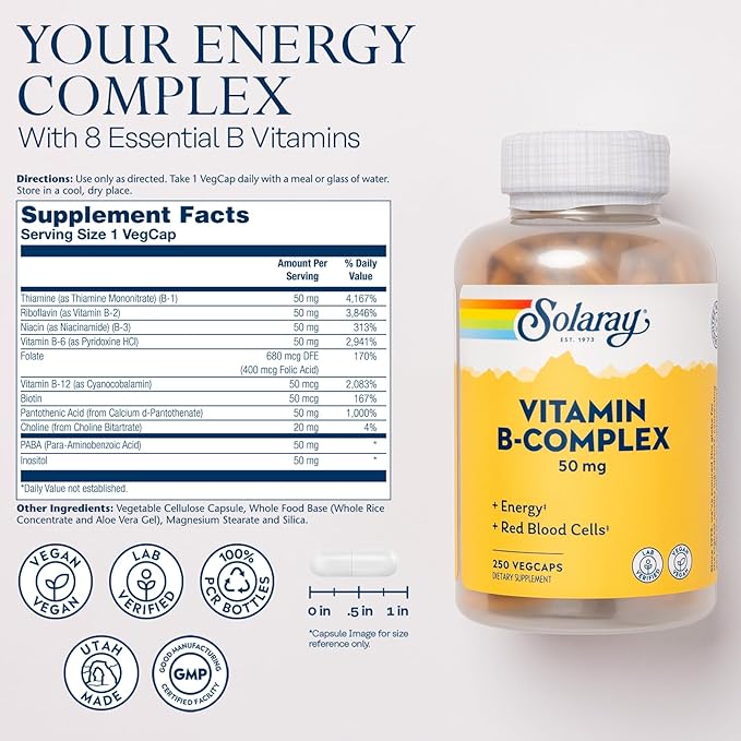 SOLARAY Vitamin B Complex 50mg B12, B6 B6 and 250 VegCaps