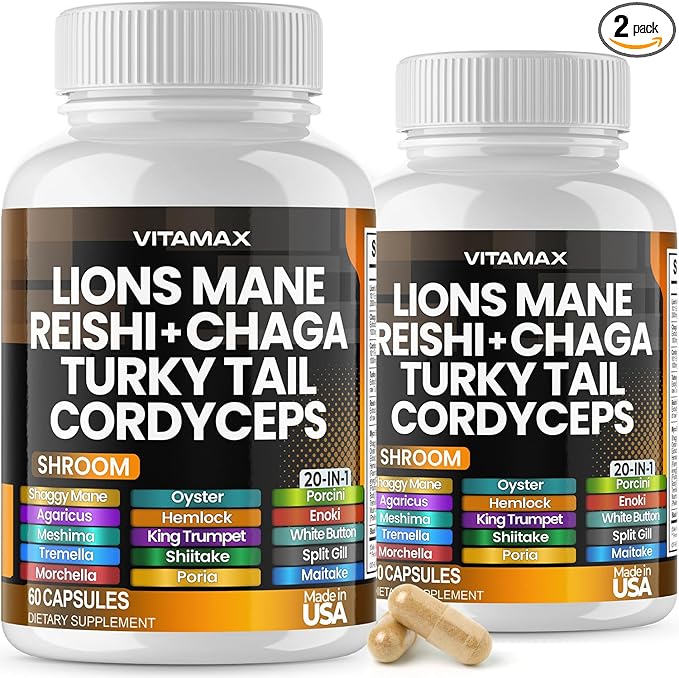 Lions Mane Mushroom 3000mg Turkey Tail 2000mg Chaga & Reishi 1000mg Cordyceps Shiitake White Elm King Trumpet Nameko Oyster Porcini Focus & Energy - Made in USA - 2-Pack (120ct)