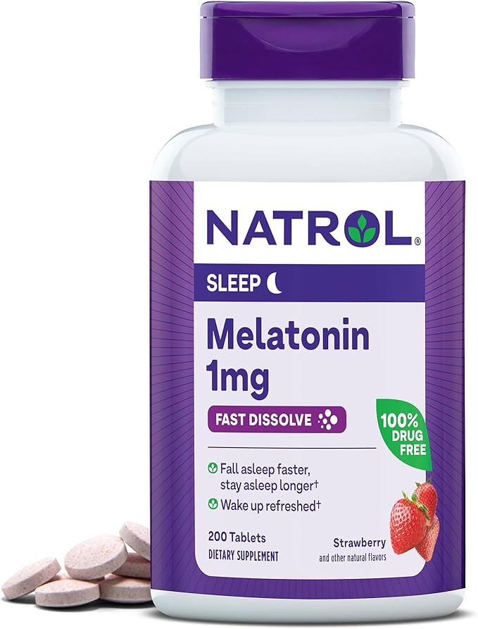 Natrol Melatonin 1mg, Strawberry-Flavored Dietary Supplement 200 Fast-Dissolve 200 Day