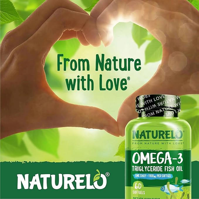 NATURELO Burpless Omega 3 Fish Oil Supplement 1100mg Triglyceride Omega-3, EPA 3 for 60 Softgels, 2 Months